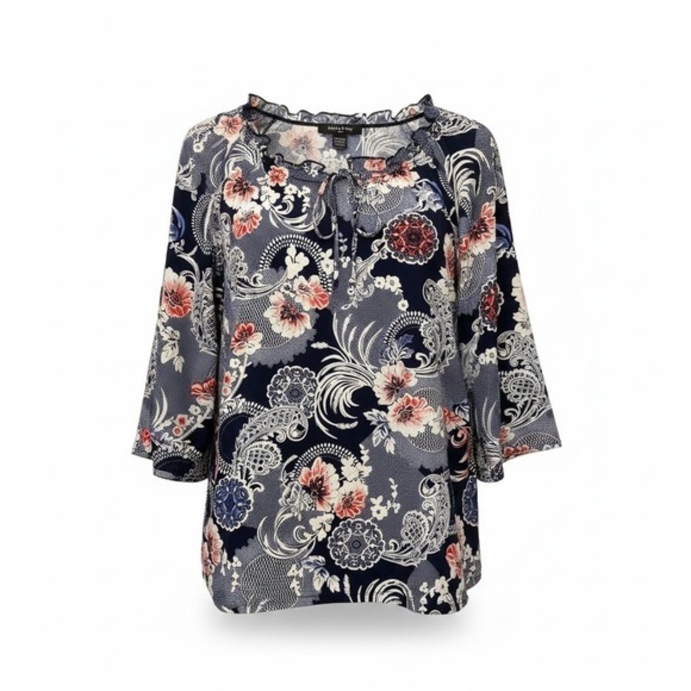 Adele & May Womens Plus Size 3X Floral Paisley Tunic Top 3/4 Sleeve Navy White